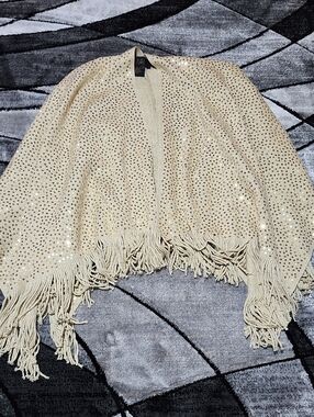 IMAN GLOBAL CHIC SPECTACULAR GOLD SEQUINS METALLIC GOLD KNIT FRINGE SHAWL ONE SZ
